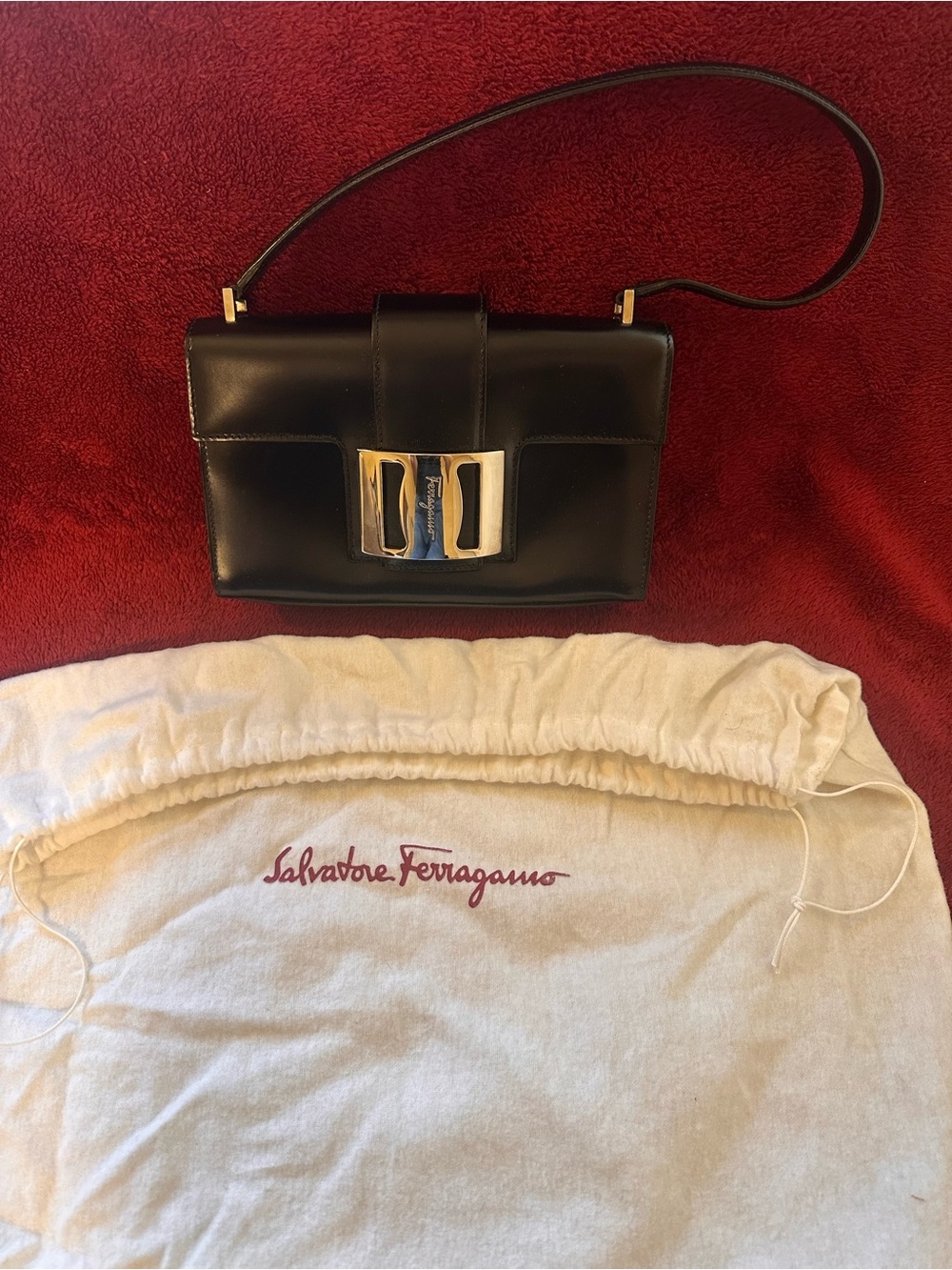 Salvatore Ferragamo Black Leather Shoulder Bag with Silver Bow Buckle